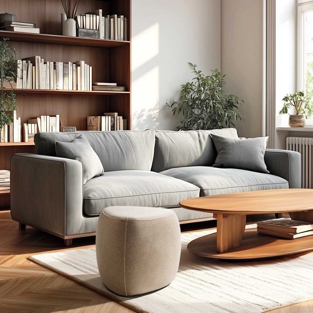 LEOPOLD - Kiezelvormige poef nr. 1 van donkerbeige fluweellook stof LEOPOLD